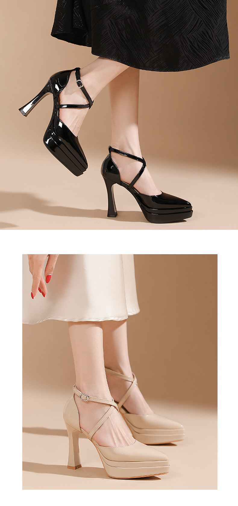 Sandal cao gót nữ mũi nhọn quai chéo đế platform gót 11 cm — Màu nude - 11cm chi tiết 6