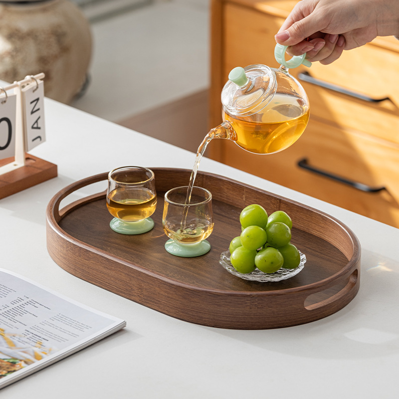 Casual Walnut Color Wooden Boat Style Oval Handle Snack Tray Afternoon Tea Cup Dry Tea Tray 2025 New Style