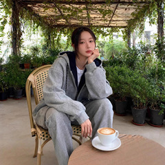 美式复古撞色连帽拉链卫衣外套女秋季休闲宽松开衫慵懒风灰色上衣