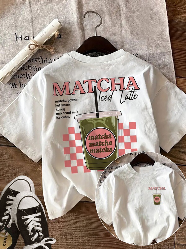 [Double-Sided Printing] Summer Fashion Casual Women's Top with Fresh Style Cup-Shaped Plaid Matcha Iced Latte Print