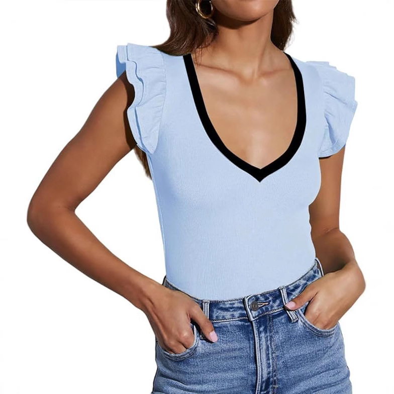 2025 European and American Cross-border Summer New V-neck Solid Color Sleeveless Ruffled Casual Women's Top T-shirt