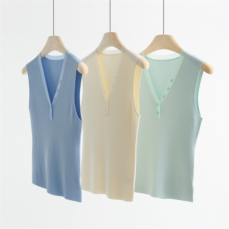 Yilite High-Elastic Anti-Deformation V-Neck Knitted Vest with Transparent Gauze Button Design Sleeveless Top Z66203