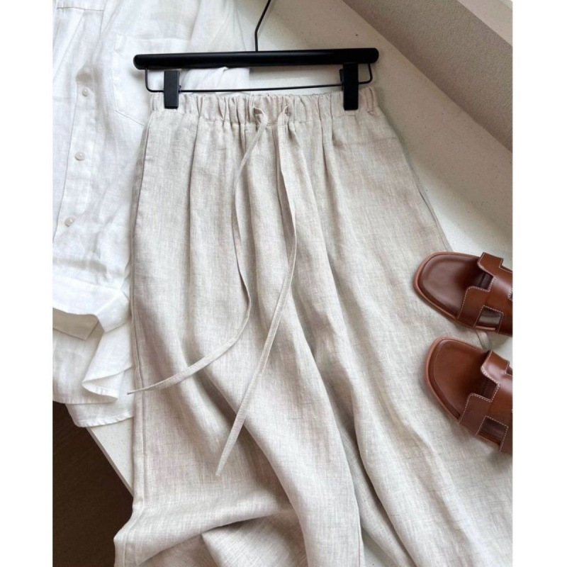 High-Waisted Linen Brown Coffee-Colored Wide-Leg Pants, Summer Lightweight Niche Style, Loose and Slimming