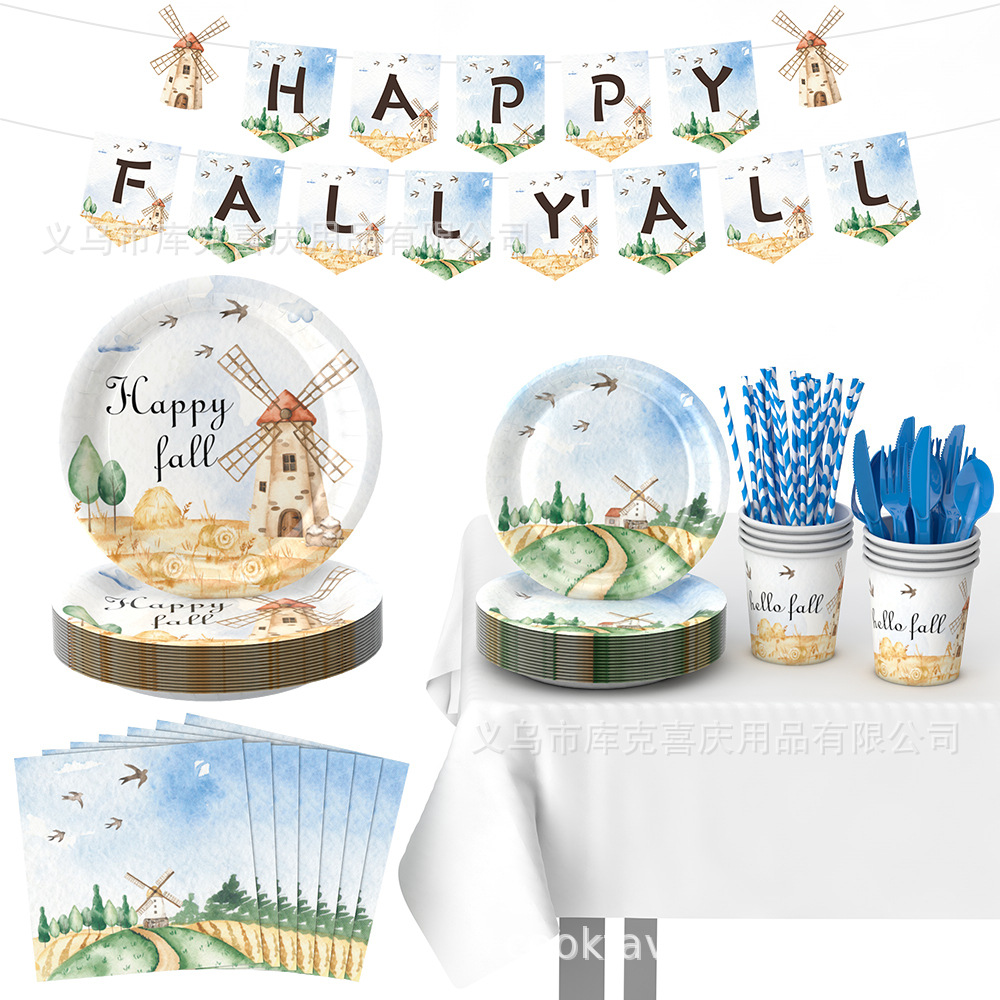 Nuevo juego de vajilla de fiesta de cosecha de otoño, tema de molino de viento, plato desechable, taza de papel, decoración de bandera