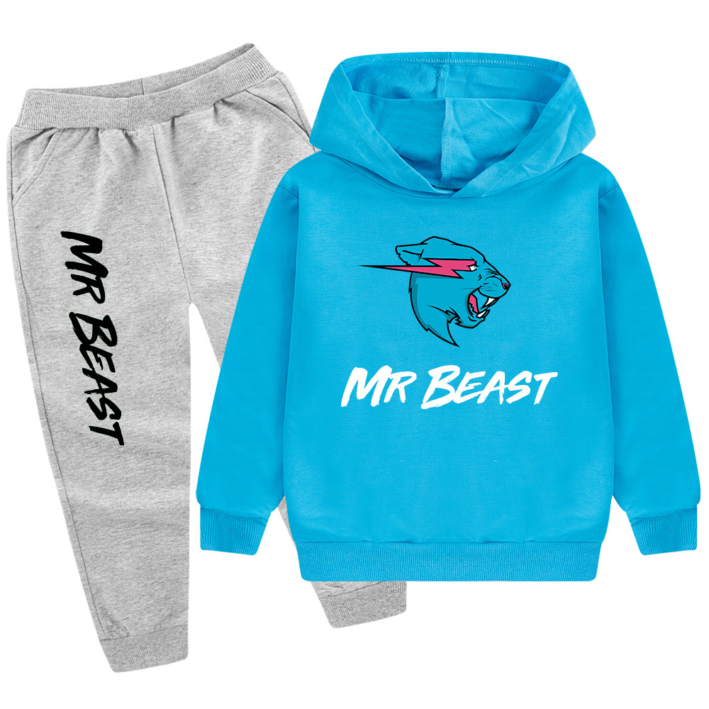 Testa di lupo MR BEAST Cartoon stampato set per ragazzi e bambini felpa con cappuccio maglione + pantaloni PB437_voghion.com