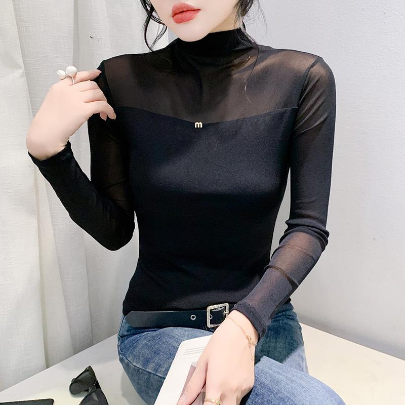 가을 2024 새로운 올매치 긴팔 솔리드 컬러 크루 넥 메쉬 티셔츠 여성용 세련된 슬림 핏 슬리밍베이스 셔츠 트렌디