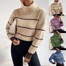 跨境外贸女装毛衣欧美风休闲条纹撞色针织上衣高领百搭宽松针织衫