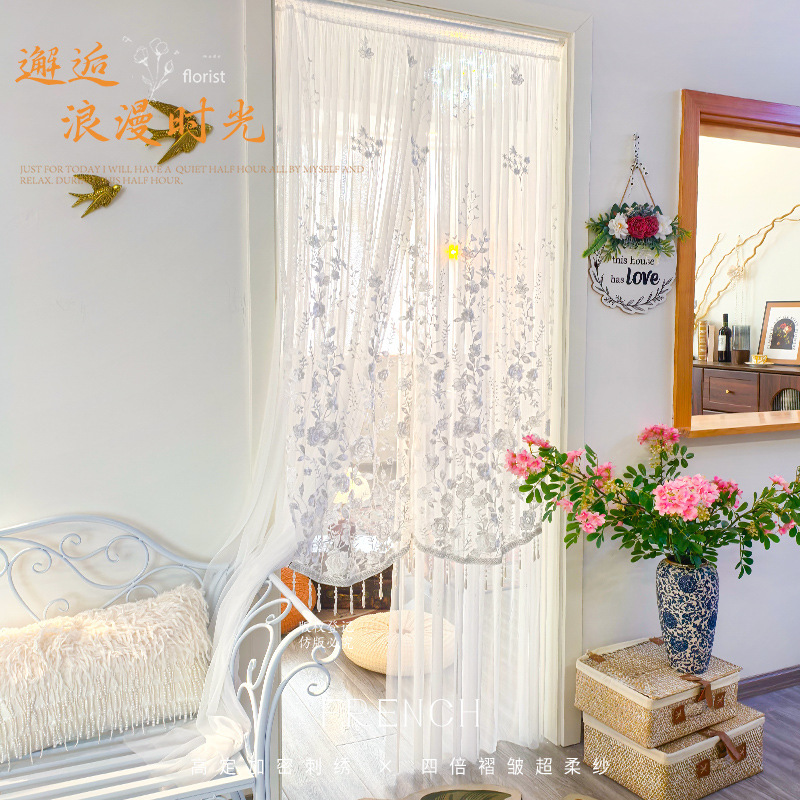 【Four-Fold Pleats】Atmospheric Floral Door Curtain, No-Drill Long Partition Curtain for Home Use, Mosquito-Proof Door Curtain