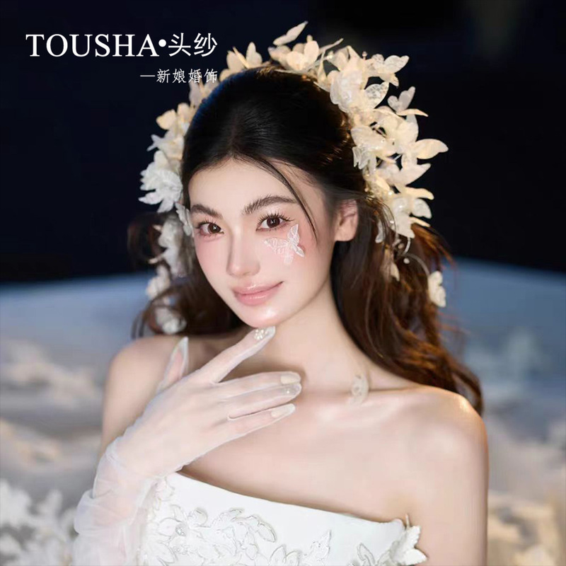 新款森系新娘头饰白色蕾丝仙美花朵发带结婚婚纱晚礼服高级感配饰|undefined