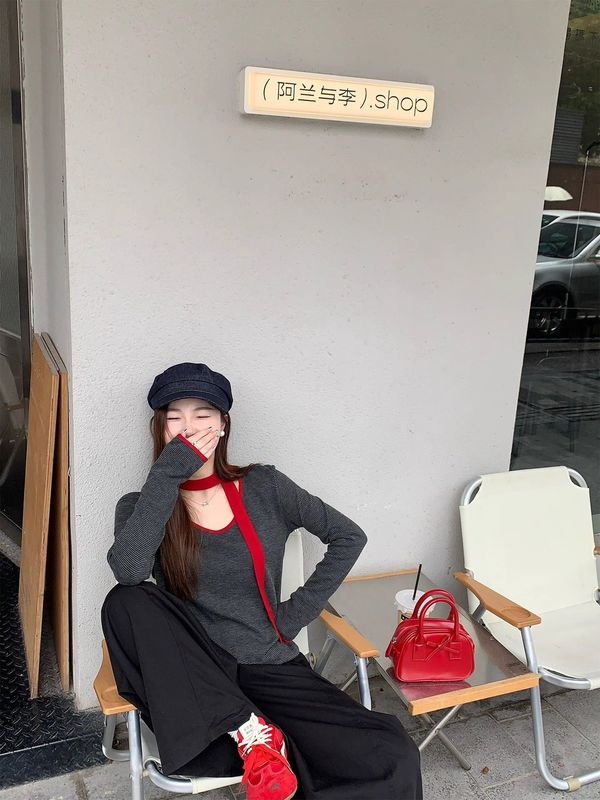 辣妹撞色围脖条纹长袖内搭打底衫女秋冬新款修身显瘦圆领别致上衣|undefined