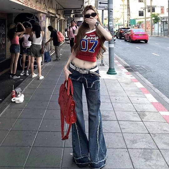 American Style Street Hot Girl Personalized Printed Slant Shoulder Short Cropped Short-sleeved T-shirt Women's Summer Slim-fit Short-sleeved Top for Women T