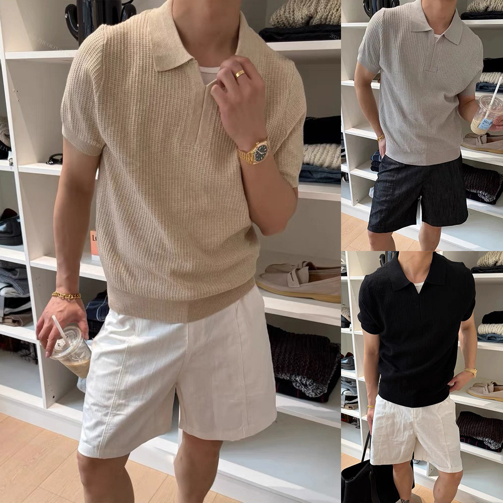 Polo camiseta de punto camiseta de manga corta camiseta hombre cuello en V cuello gaviota sensación de textura viejo dinero viento hielo seda fábrica transfronteriza al por mayor