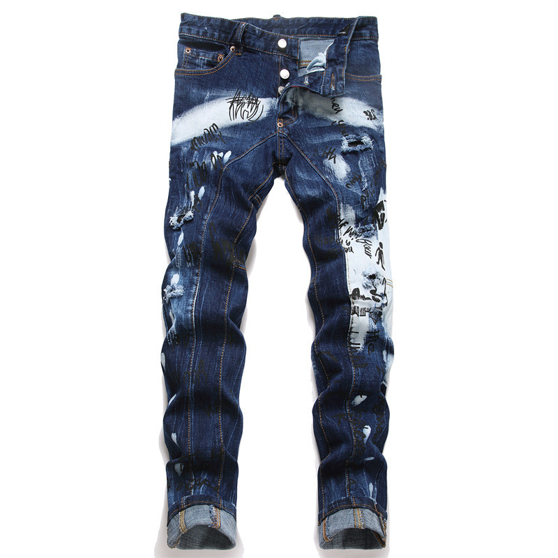 In-Stock New Punk Style Ripped Patchwork Printed Hot-Selling Men's Slim Fit Stretch Skinny Jeans D136