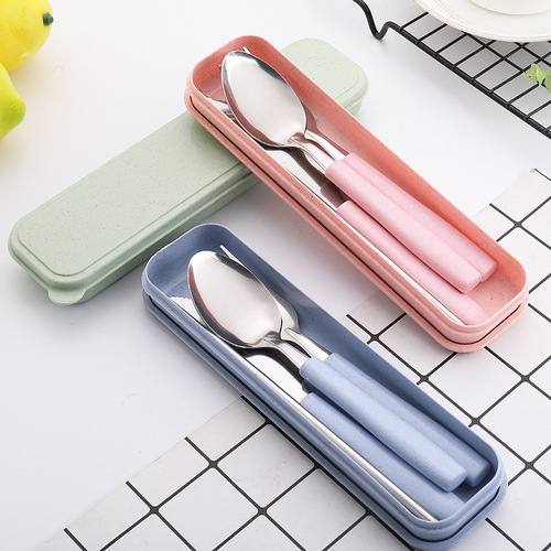 Wheat straw stainless steel set fork spoon chopsticks portable cutlery box gift student school three or four piece set