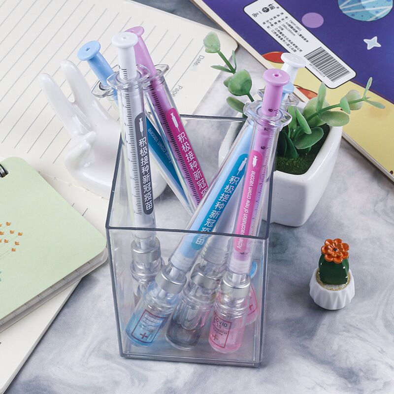 새로운 사무용품 홍보 슬로건 중국어 및 영어 버전 백신 젤펜 창의적 주사기 모양 학생