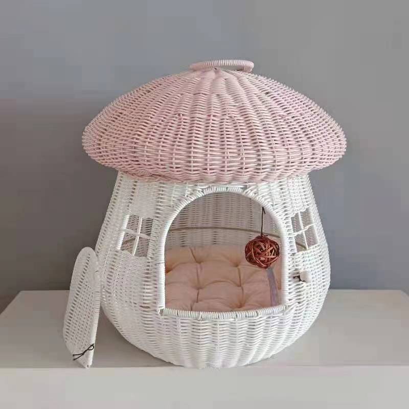 Cama para mascotas tipo cerrada para uso en interiores y exteriores, nido tejido de ratán, linda cama para gatos y perros, casa de ratán con forma de hongo, nido para gatos, cama para gatos