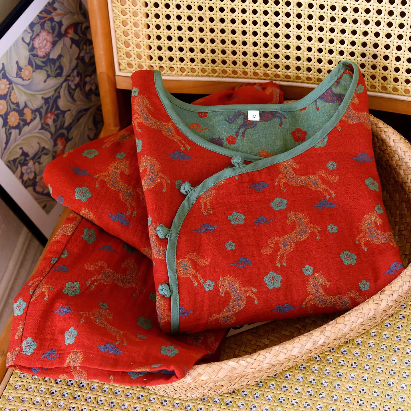 色织双面提花纯棉睡衣纯棉双层纱布家居服女士红色中国风喜庆套装