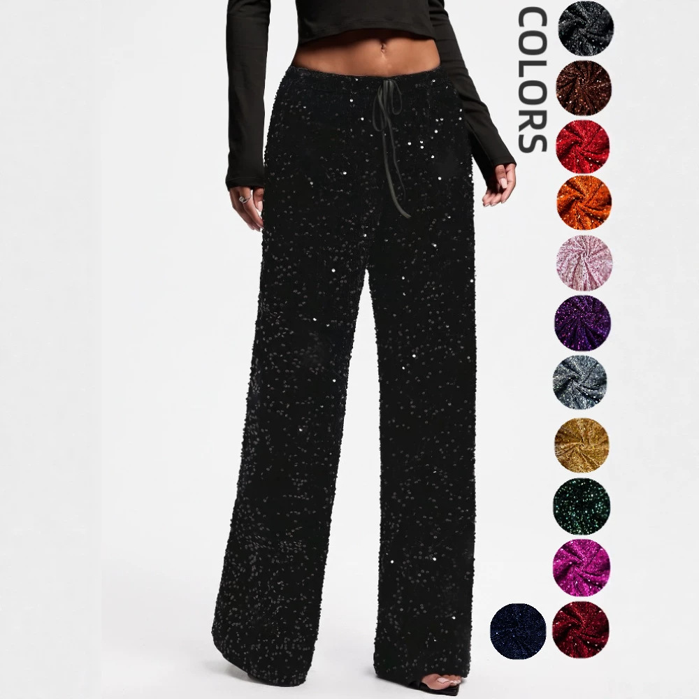 European and American Cross-Border Sequin Fashion Drawstring Slimming New Pants Elastic Straight-Leg Pants Foreign Trade Women's Clothing Lfy0294
