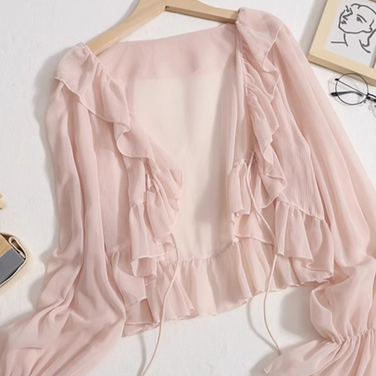 Ruffled Chiffon Sun Protection Cardigan Thin Women's Suspender Skirt Outer Blouse New Summer Shawl Ice Silk Small Waistcoat