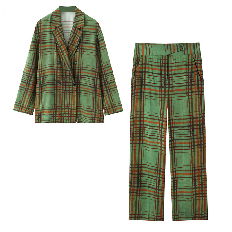 European and American Women's Autumn New Suit Collar Plaid Drape Jacket Commuting Loose Small Suit Slim-Fit Pants Set