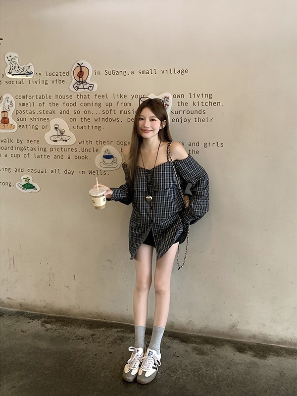 法式气质一字肩长袖衬衫女早秋季新款设计感小众纯欲辣妹露肩上衣|undefined