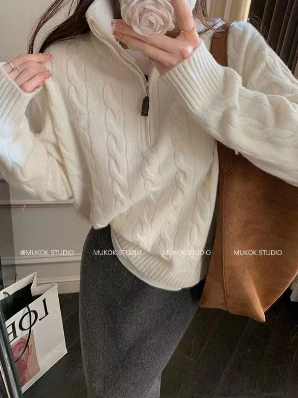RL秋冬半拉链立领针织上衣加厚毛衣女宽松慵懒扭花羊毛衫外穿拉夫|undefined