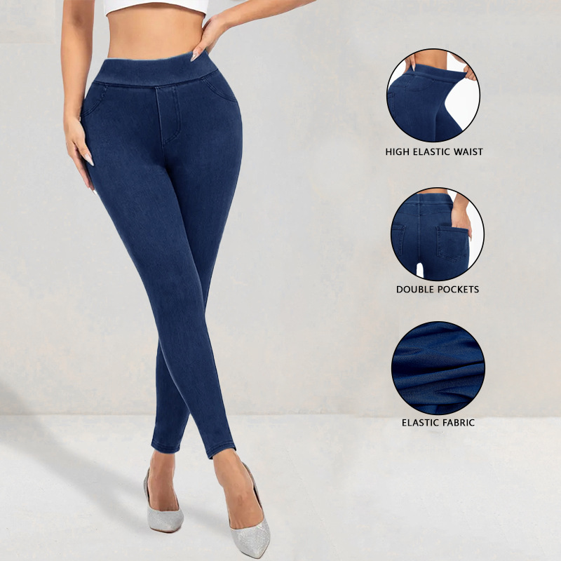 ヨーロッパとアメリカのイミテーションデニムヨガフィットネスパンツ、スリムでヒップアップ、女性用ストレッチレギンス、ハイウエストおなかコントロールバービーパンツポケット|undefined