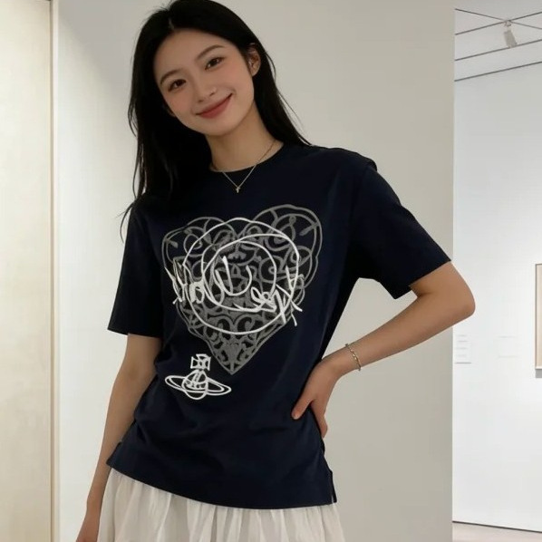 Empress Dowager 2026 Early Spring New Model V1V1 Saturn Pure Cotton Heart Print Round Neck T-Shirt Women's Short Sleeve Empress Dowager 2026 Early Spring New Model V1V1 Saturn Pure Cotton Heart Print Round Neck T-Shirt Women's Short Sleeve