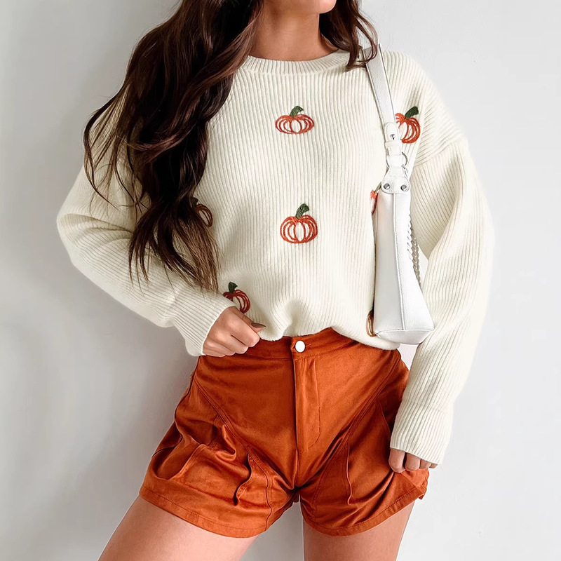 Autumn New Pullover Round Neck Knitted Top for Women European and American Fashion Versatile Thanksgiving Embroidered Sweater Cross-Border Women's Clothing