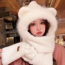 冬季新款日系可爱小熊毛绒帽子围巾手套一体女骑车加厚保暖护耳帽