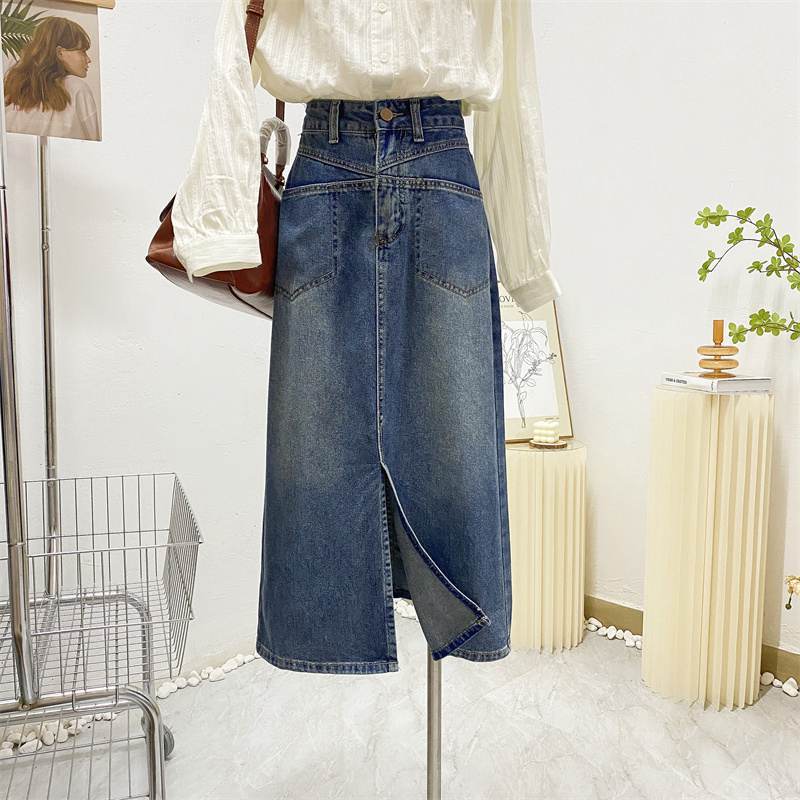 山力达迪 复古开叉牛仔裙半身裙女春秋新款小个子高腰A字