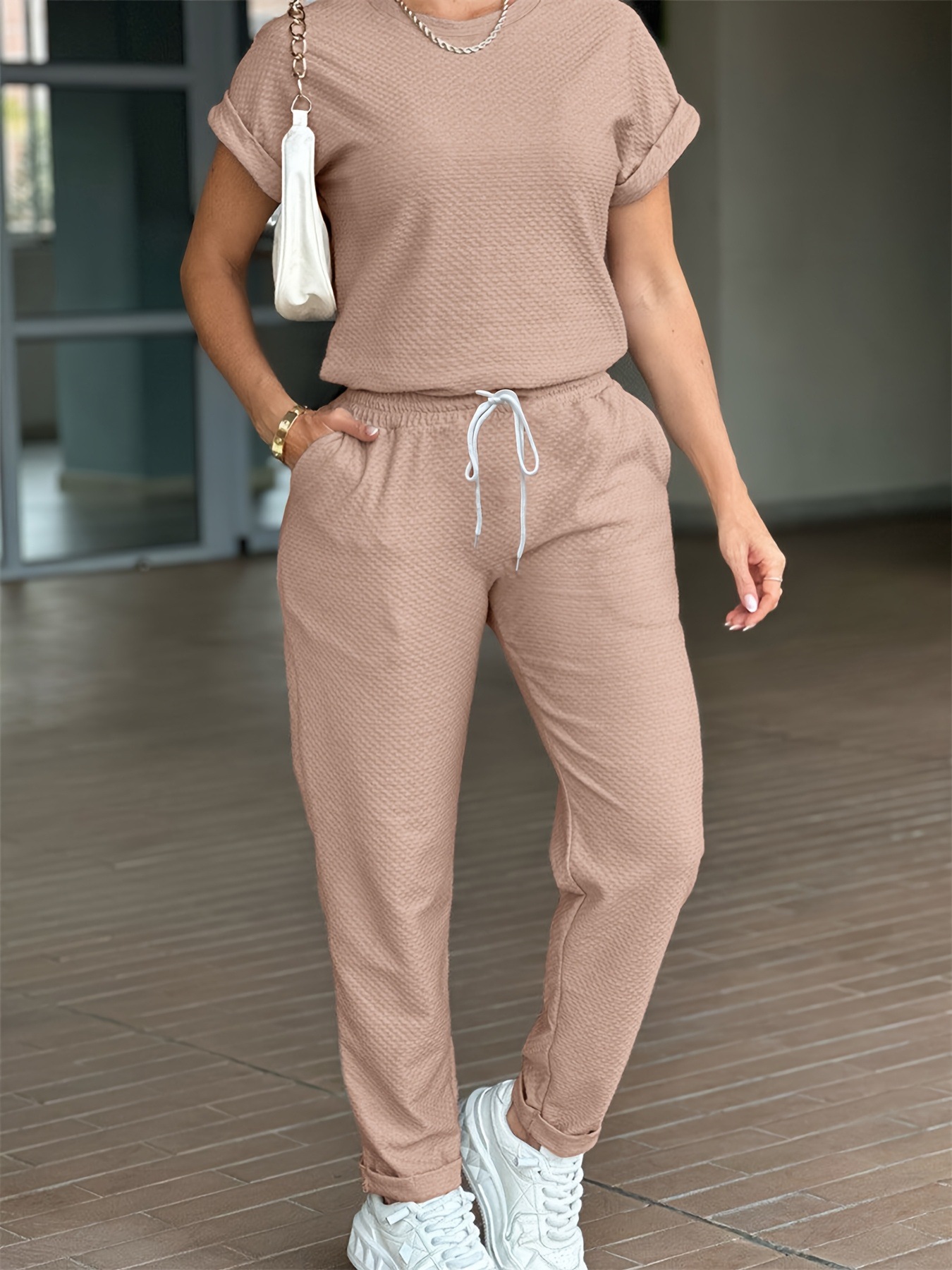 Spring Summer Women's Solid Color Sports Suit Casual Comfortable Style High Waisted Drawstring Top Versatile Short Sleeve_ecoleips.com