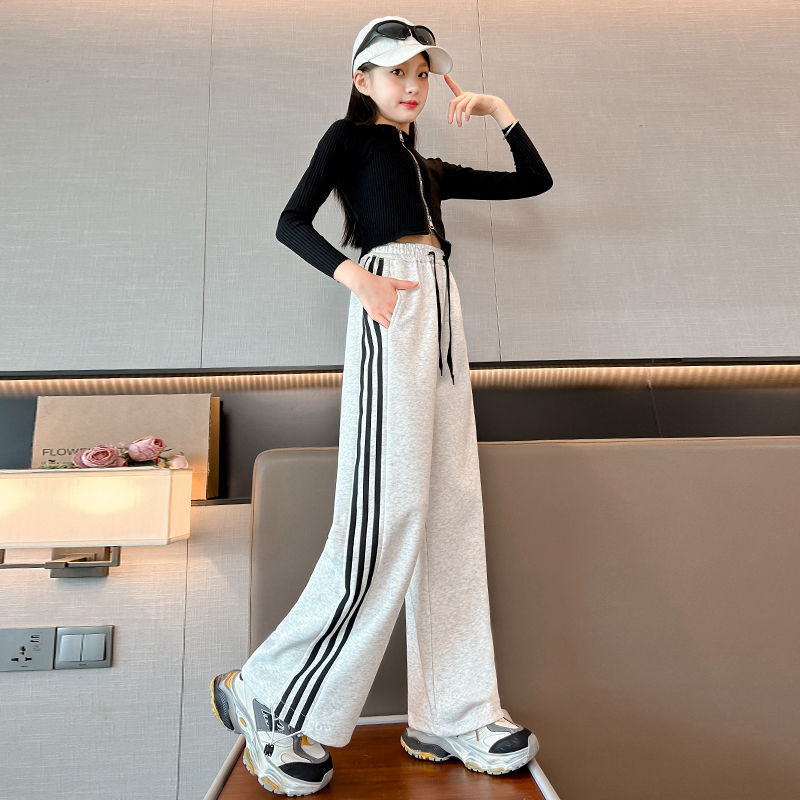 女童阔腿裤秋冬装新款儿童时尚运动裤中大童女孩加绒两穿束脚卫裤