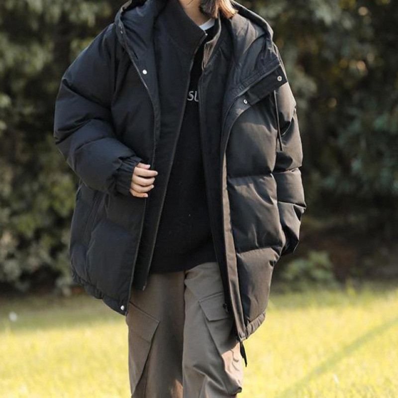 Maillard Brown Imitation Down Winter Cotton Coat Coat Women's Winter Waterproof Down Academy Style Vertical Collar Cotton Coat Hooded Cotton Coat