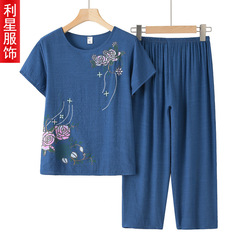 お母さんの服の夏服のスーツのプリントの高齢者の女性のおばあさんの半袖の綿の麻のゆったりしている老人の夏の服の2つのセット