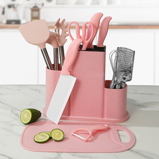 Ceramic knife silicone kitchenware 13-piece knife combination wooden handle shovel spoon kitchen stainless steel suit with storage bucket