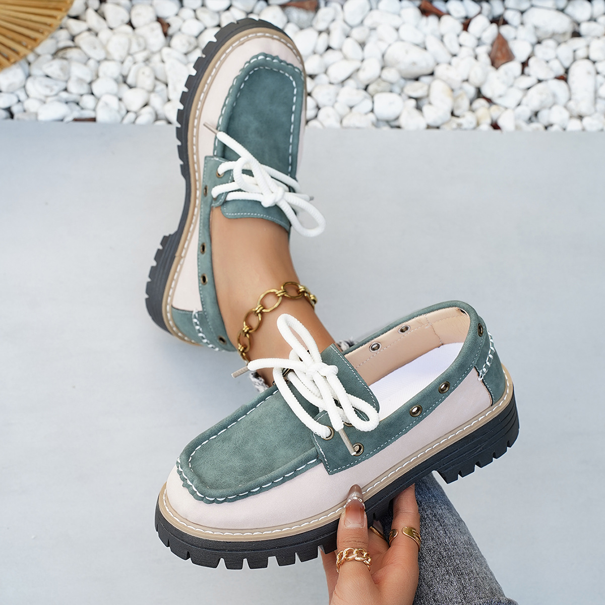 Mocassini da donna con lacci e borchie, tacco grosso, suola spessa, scarpe singole color block, novità autunno._voghion.com
