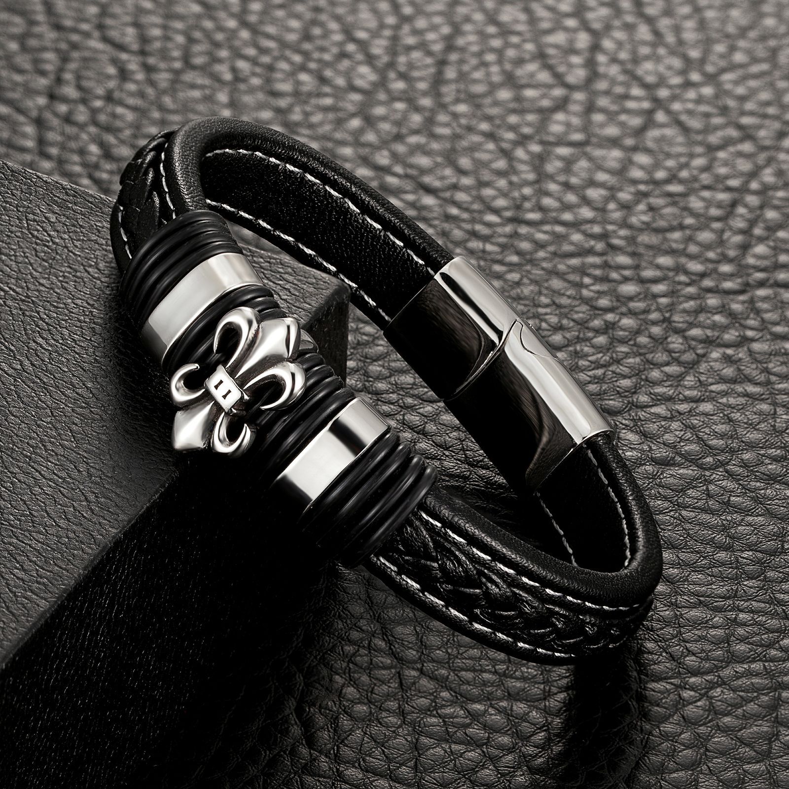 Cross-Border Jewelry Retro Men's Leather Rope Bracelet Stainless Steel Personalized Cool Woven Bracelet Jewelry