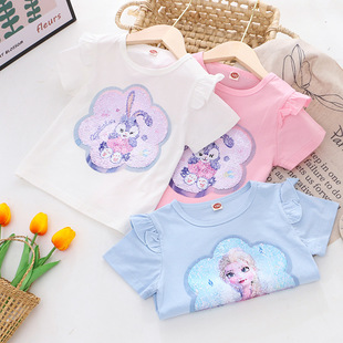 Girls short sleeve T-shirt 2025 children's clothing summer new T-shirt girls color sequin jacket manufacturers a generation of hair