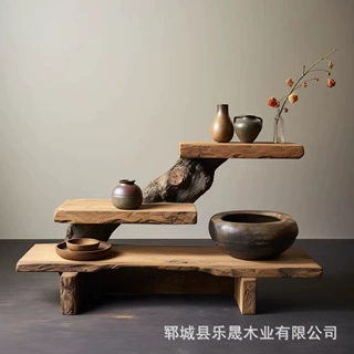 侘寂风老榆木博古架实木收纳架民宿创意复古置物架中古风原木书架