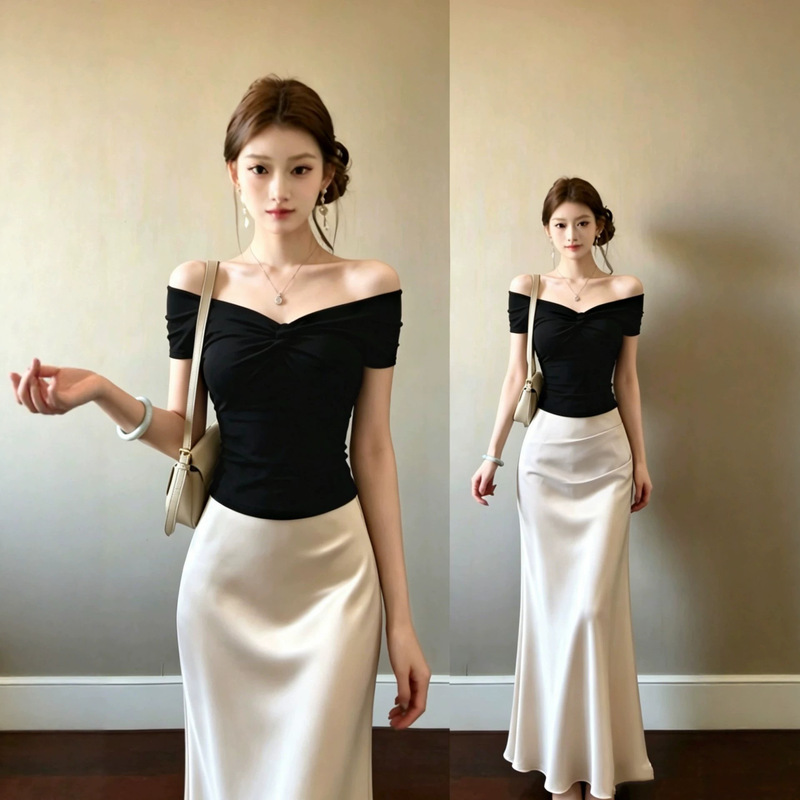 Acetate Satin Half-Skirt Beautiful Outfit 2026 Summer New Style Mature and Elegant Outfit with Black Top Complete Set Acetate Satin Half-Skirt Beautiful Outfit 2026 Summer New Style Mature and Elegant Outfit with Black Top Complete Set