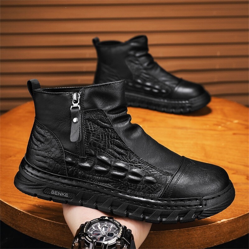 Foreign trade cross-border style crocodile-patterned men's shoes, 2026 autumn/winter new collection, mid-to-high-top Martin boots, fashionable and versatile trendy men's shoes
