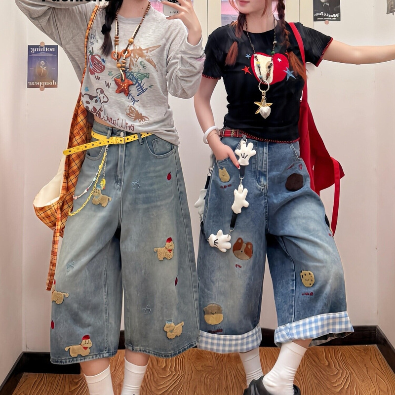 American-style fun puppy embroidery cropped jeans for women, spring and autumn, plus size, for chubby girls, straight-leg wide-leg shorts American-style fun puppy embroidery cropped jeans for women, spring and autumn, plus size, for chubby girls, straight-leg wide-leg shorts