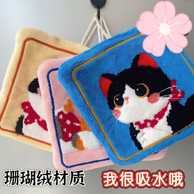 Cute Cat Square Hand Towel Hanging Kitchen Bathroom Super Absorbent Double Layer Thickened Soft Cute Towel