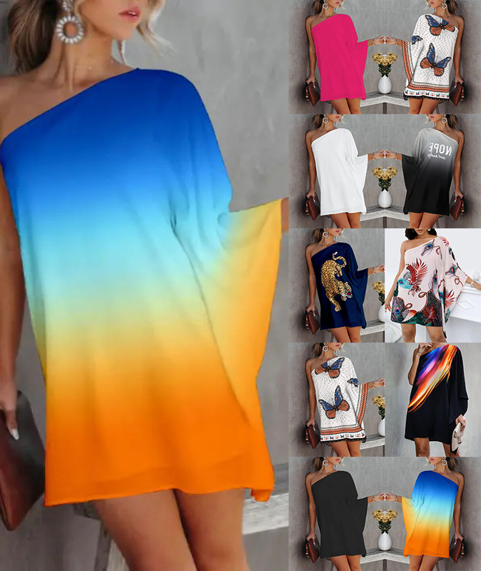 2026 Cross-Border Amazon Independent Site Spring and Summer New Popular Gradient Print One-Shoulder Casual Dress 2026 Cross-Border Amazon Independent Site Spring and Summer New Popular Gradient Print One-Shoulder Casual Dress