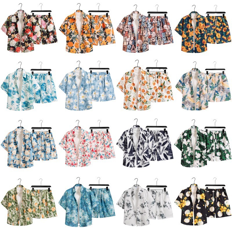 海南島服、東南アジア風スーツ、花柄シャツ、半袖、男女同型、五分袖、ゆったり、ハンサム、ビーチスタイル|undefined