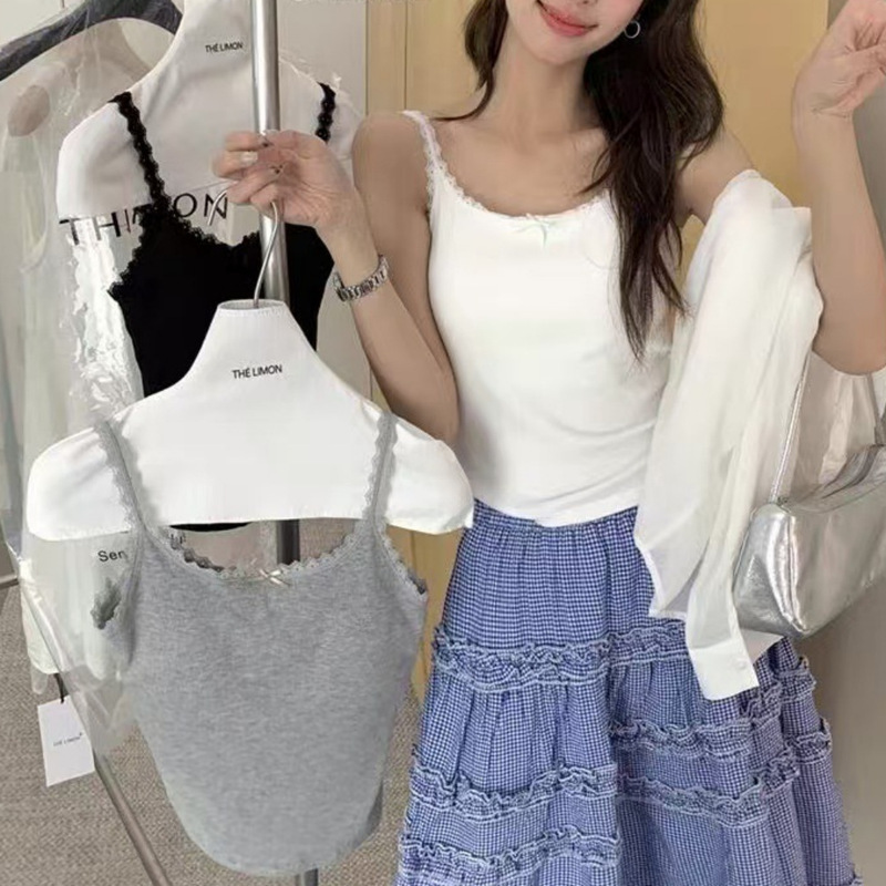 Korean-style Lace Bow Camisole Women's Summer Vest with Chest Pad Beautiful Back Slimming Outer Wear Top Hanger Korean-style Lace Bow Camisole Women's Summer Vest with Chest Pad Beautiful Back Slimming Outer Wear Top Hanger