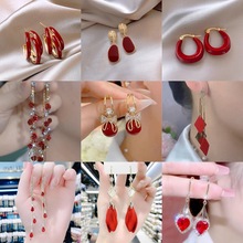 安可拉红秋冬爆款滴油满钻福袋蝴蝶结耳钉复古精致宫廷风百搭耳环