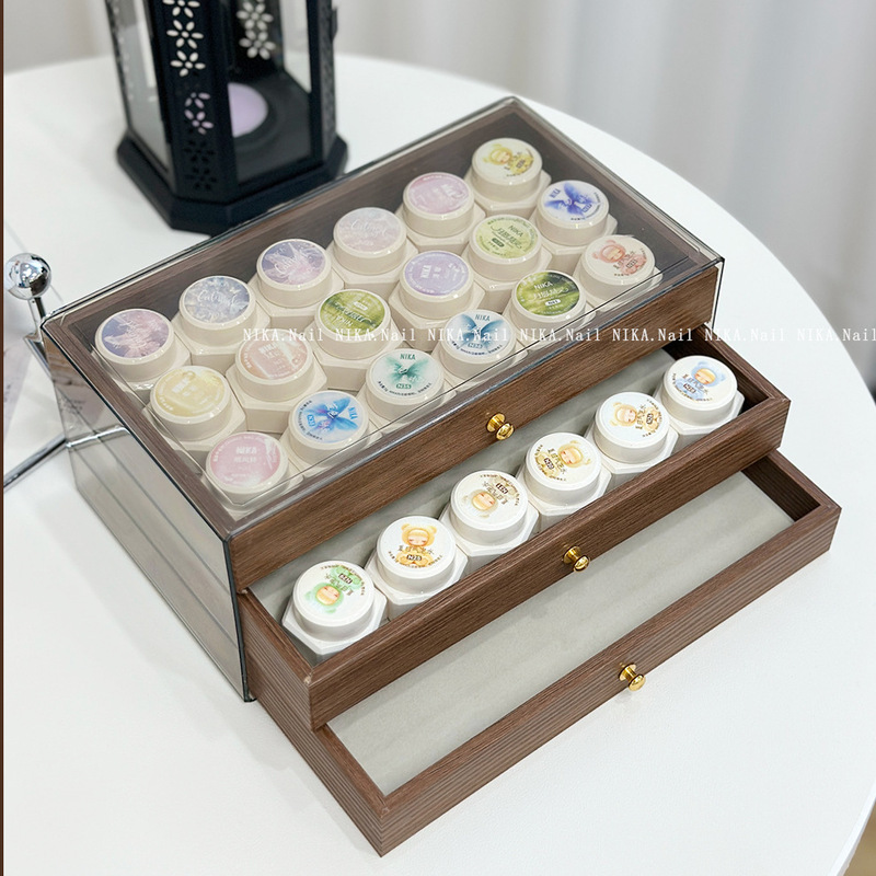 日式罐装胶收纳盒美甲胡桃木抽屉收纳甲油胶拍拍胶罐装收纳|undefined