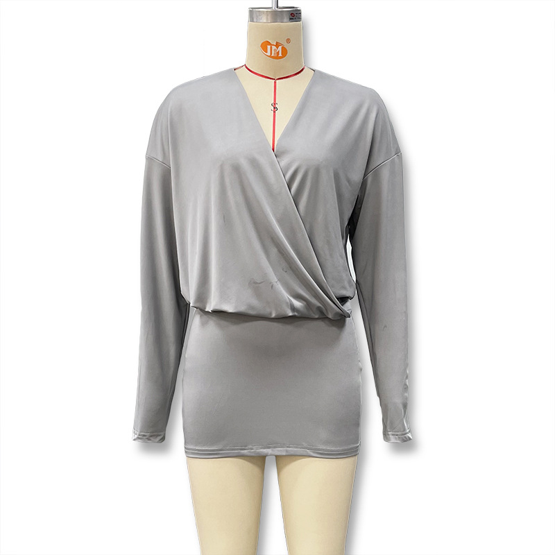 Women's Sexy Deep V Long Sleeve Dress American Style Solid Color Waist Cinching Bodycon Fashion For Autumn_ecoleips.com